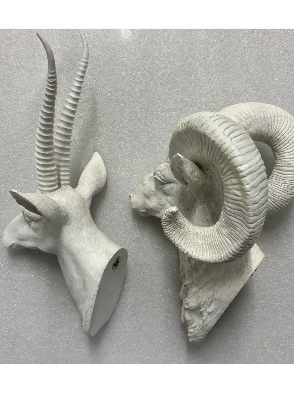 Vintage Pottery Barn White Resin Antelope and Sheep Sculptures Duo Wall Plaques